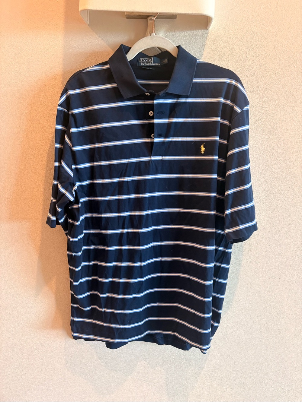 Ralph Lauren Navy Striped Golf Fit Polo with Yellow Pony